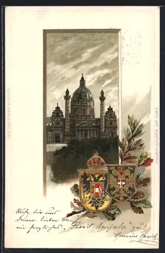 Lithographie Wien, Karlskirche, Stadtwappen