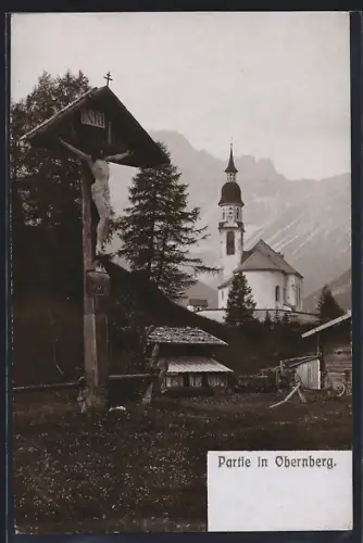 AK Obernberg am Brenner, Kirche mit Flurkreuz