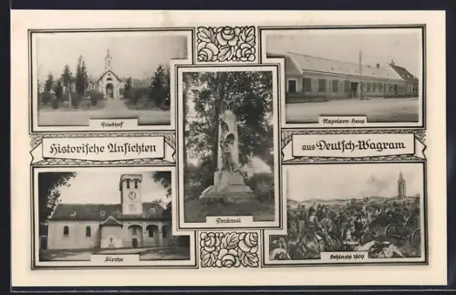 AK Deutsch-Wagram, Napoleon-Haus, Friedhof, Denkmal