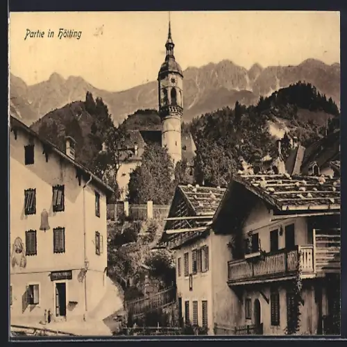 AK Hötting, Ortspartie mit Bergen