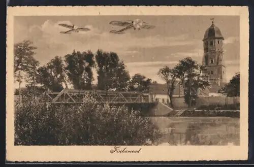 AK Fischamend, Brücke mit Flugzeugen