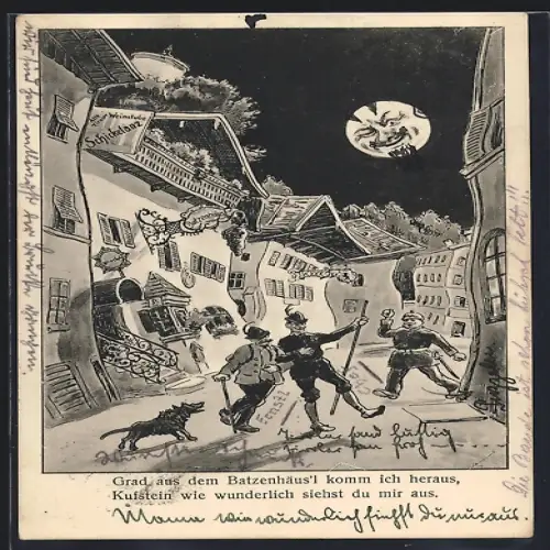 AK Kufstein, Mondschein über dem Batzenhäusel, Strasse aus der Sicht eines Betrunkenen