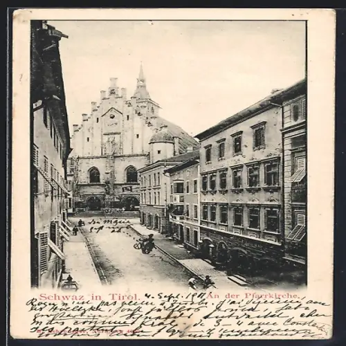 AK Schwaz in Tirol, Pfarrkirche mit Strassenpartie