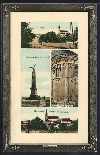 AK Grabern, Schöngraben, Romanische Kirche v. 13. Jahrhundert, Aeltester Teil der Kirche, Kriegerdenkmal 1805 u. 1809