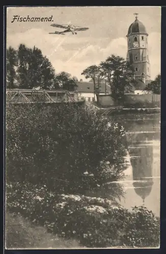 AK Fischamend, Teilansicht mit Brücke, Flugzeug über der Ortschaft