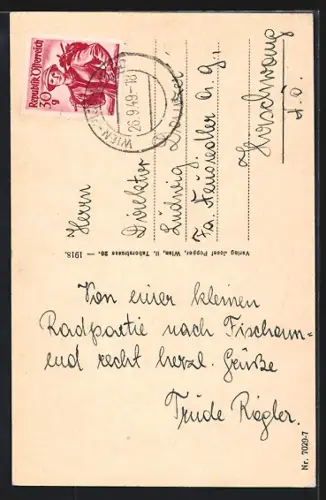 AK Fischamend, Teilansicht mit Brücke, Flugzeug über der Ortschaft