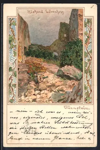 Künstler-AK Dürnstein, Wegpartie an der Ruine