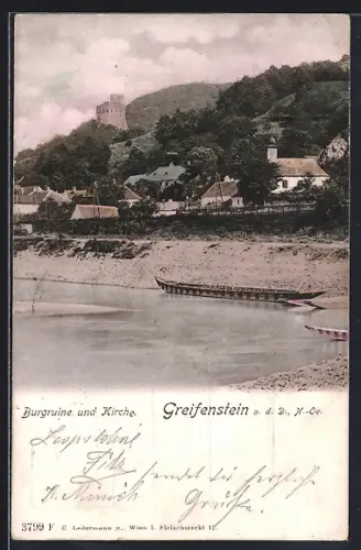 AK Greifenstein /Donau, Blick von der Donau zur Burgruine