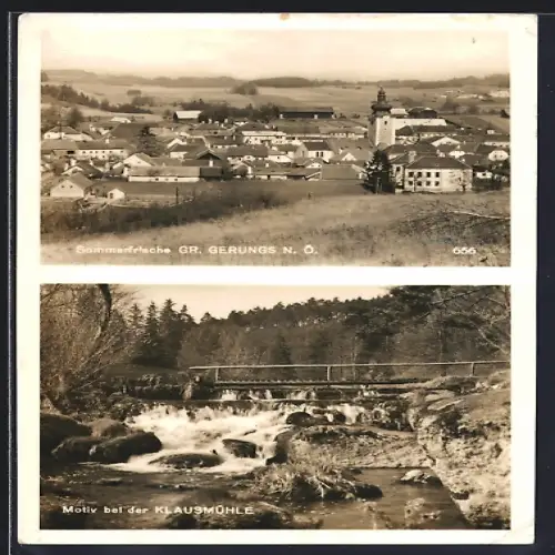 AK Gr. Gerungs /N. Ö., Teilansicht mit Kirche, Wasserfall bei der Klausmühle