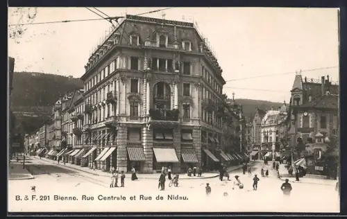 AK Bienne, Rue Centrale et Rue de Nidau, Strassenpartien
