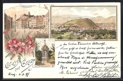 Lithographie Graz, Totalansicht, Hauptplatz, Wetterhäuschen