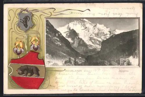 Lithographie Interlaken, Jungfrau, Wappen