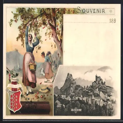 Lithographie Sion, Kakao Suchard, Ortsansicht, Frau bei der Ernte, Wappen