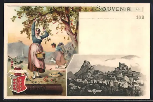 Lithographie Sion, Kakao Suchard, Ortsansicht, Frau bei der Ernte, Wappen