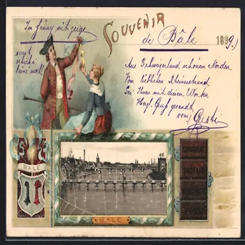 Lithographie Basel, Panorama, Chocolat Suchard Neuchatel Suisse, Wappen