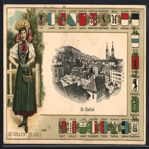 AK St. Gallen, Ortsansicht, Schweizerin mit Korb, Wappen der Kantone
