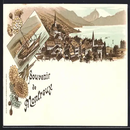 Lithographie Montreux, Teilansicht mit Bergen, Dampfer