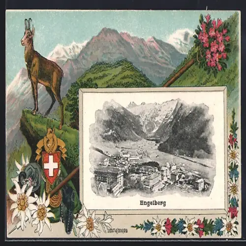 Passepartout-Lithographie Engelberg, Ortspanorama, Gemse, Wappen, Edelweiss
