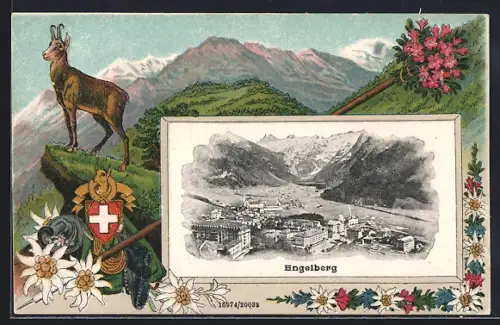 Passepartout-Lithographie Engelberg, Ortspanorama, Gemse, Wappen, Edelweiss