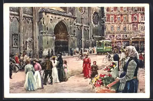 Künstler-AK J. Kalous: Wien, Strassenbahn am Stefansplatz