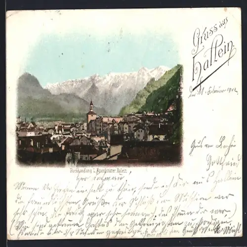 Lithographie Hallein, Panorama mit Kirche und Alpenblick