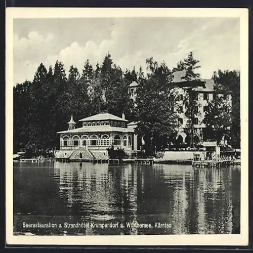 AK Krumpendorf am Wörthersee, Seerestauration und Strand-Hotel, vom Wasser gesehen