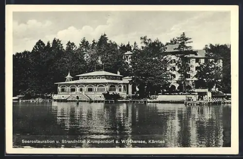 AK Krumpendorf am Wörthersee, Seerestauration und Strand-Hotel, vom Wasser gesehen