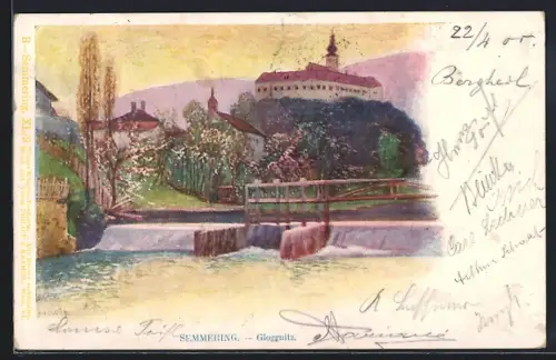 Lithographie Semmering, Gloggnitz, Blick zum Kloster