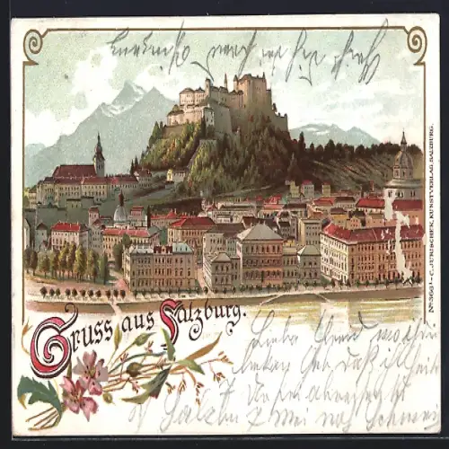 Lithographie Salzburg, Teilansicht mit Festung