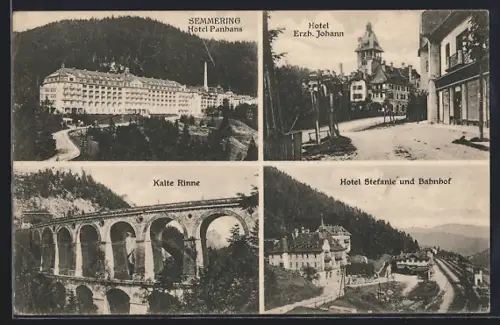 AK Semmering, Hotel Panhans, Hotel Erzherzog Johann, Hotel Stefanie und Bahnhof