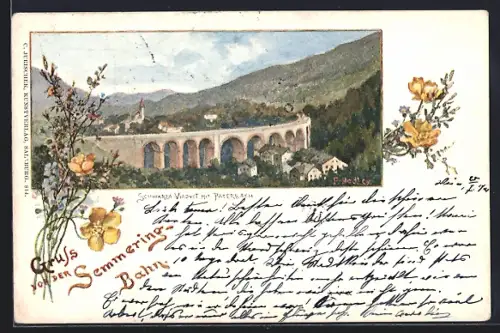 Lithographie Payerbach /Semmeringbahn, Ortspartie mit Schwarza-Viaduct