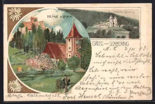 Lithographie Semmering, Ruine Klamm, Kirche Maria Schutz