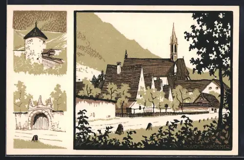 Künstler-AK Gaming, Kartause, Links Befestigungsturm und Renaissanceportal der Umfassungsmauer