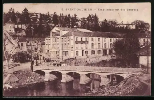 AK Saint-Galmier, Établissement des Sources avec pont en pierre