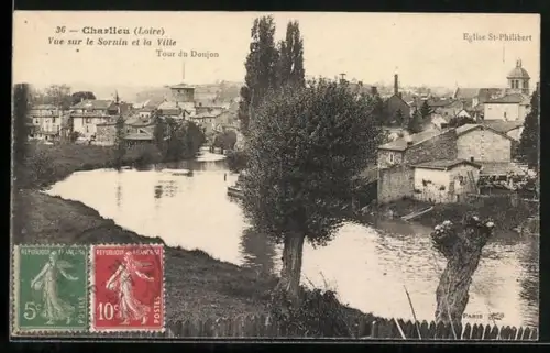 AK Charlieu, Loire, Vue sur le Sornin et la Ville, Tour du Donjon et Église St-Philibert