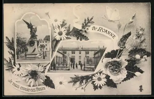 AK Roanne, Monument et scène de rue fleurie