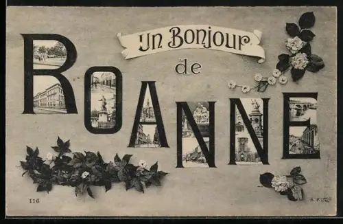 AK Roanne, Un Bonjour de Roanne avec des illustrations florales et architecturales