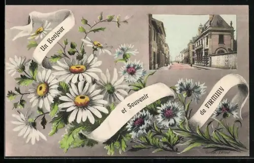 AK Firminy, Un Bonjour et Souvenir de Firminy avec fleurs et vue de la rue principale