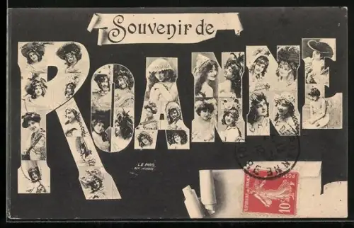 AK Roanne, Souvenir de Roanne avec portraits féminins dans les lettres