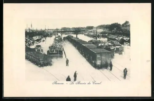 AK Roanne, Le Bassin du Canal avec wagons et péniches