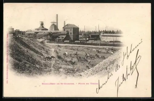 AK Saint-Étienne, Houillères, Puits du Treuil avec chevaux et bâtiments industriels