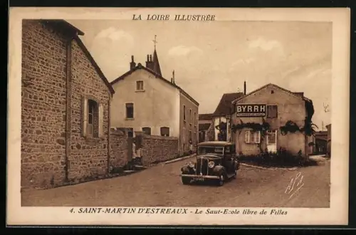 AK Saint-Martin-d`Estreaux, Le Saut-École libre de Filles avec voiture ancienne en rue
