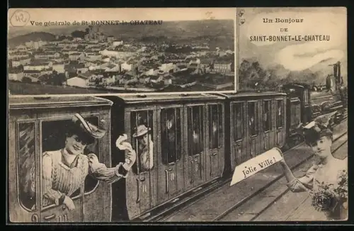 AK Saint-Bonnet-le-Château, Vue générale et train avec passagers saluant