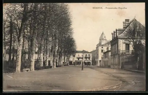 AK Roanne, Promenades Populle avec arbres alignés et bâtiments historiques