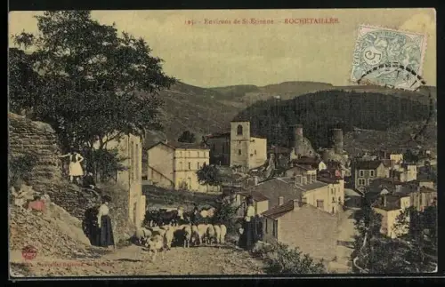 AK Rochetaillée, Vue du village avec troupeau et collines environnantes
