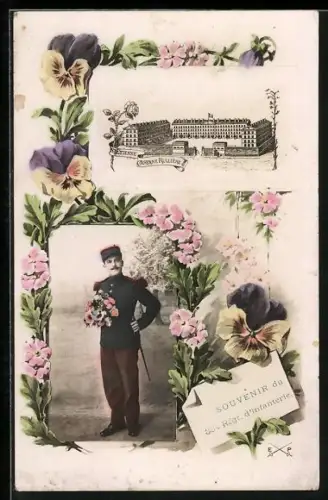 AK Courbevoie, Souvenir du 22e Régiment d`Infanterie avec portrait d`un soldat et vue de la caserne