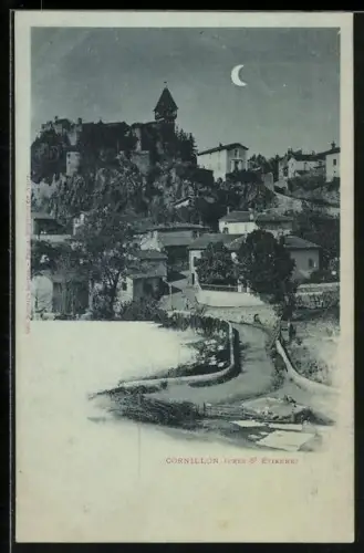 Mondschein-AK Cornillon /près St. Enimie, Vue du village et du château sous la lune