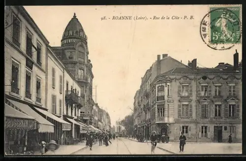 AK Roanne /Loire, Rue de la Côte animée avec passants et bâtiments historiques