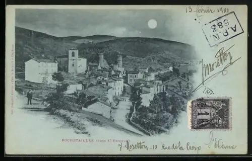 Mondschein-AK Rochetaillée près St Etienne, Vue du village sous la lune