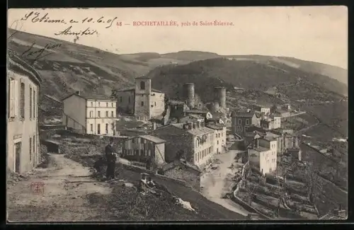 AK Rochetaillée, Vue du village avec collines environnantes près de Saint-Étienne